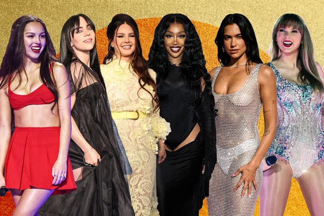 <p>L-R: Grammy 2024 nominees Olivia Rodrigo, Billie Eilish, Lana Del Rey, SZA, Dua Lipa and Taylor Swift</p>